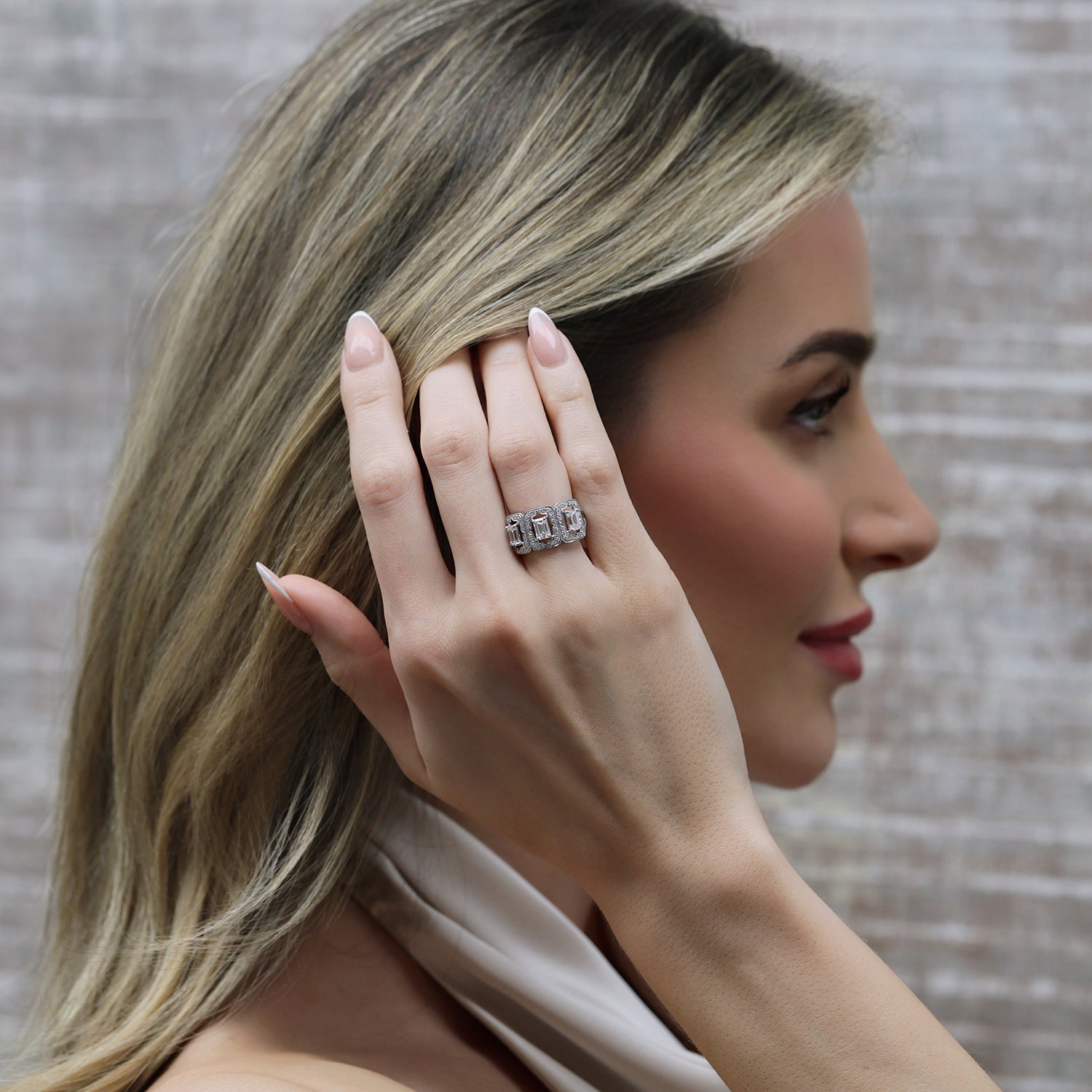 Platinum Emerald Cut Diamond Three Stone Cluster Dress Ring