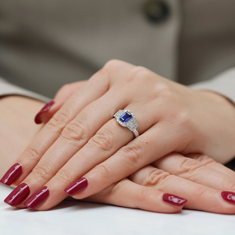 Berry's Platinum Sapphire And Baguette Cut Diamond Three Stone Ring With A Halo Surround - Berry's Jewellers