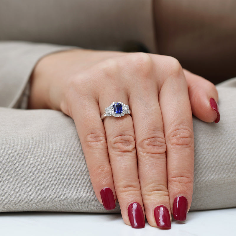 Berry's Platinum Sapphire And Baguette Cut Diamond Three Stone Ring With A Halo Surround - Berry's Jewellers