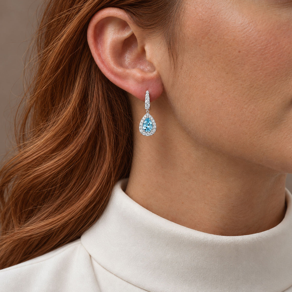 18ct White Gold Pear Cut Aquamarine and Diamond Halo Surround Drop Earrings
