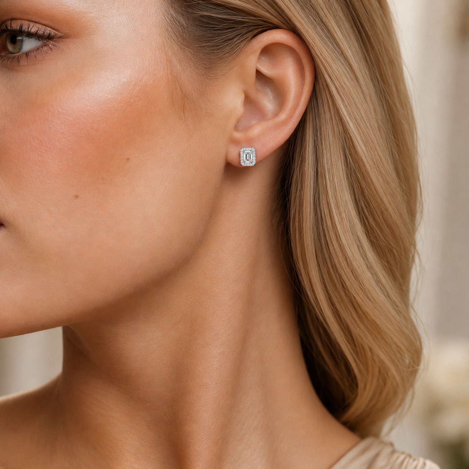 18ct White Gold Emerald Cut Diamond Halo Stud Earrings