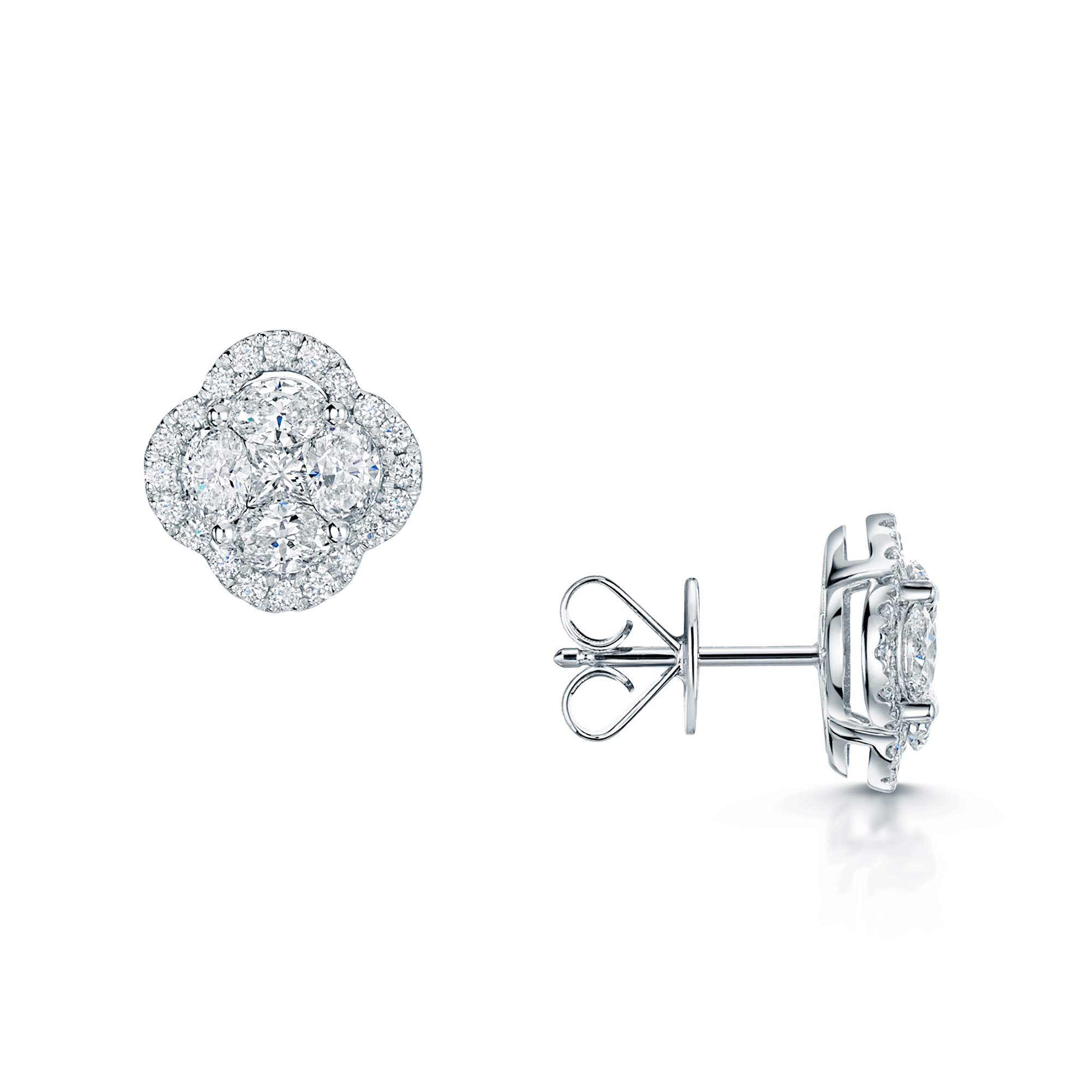 18ct White Gold Oval, Marquise And Brilliant Cut Diamond Cluster Stud Earrings
