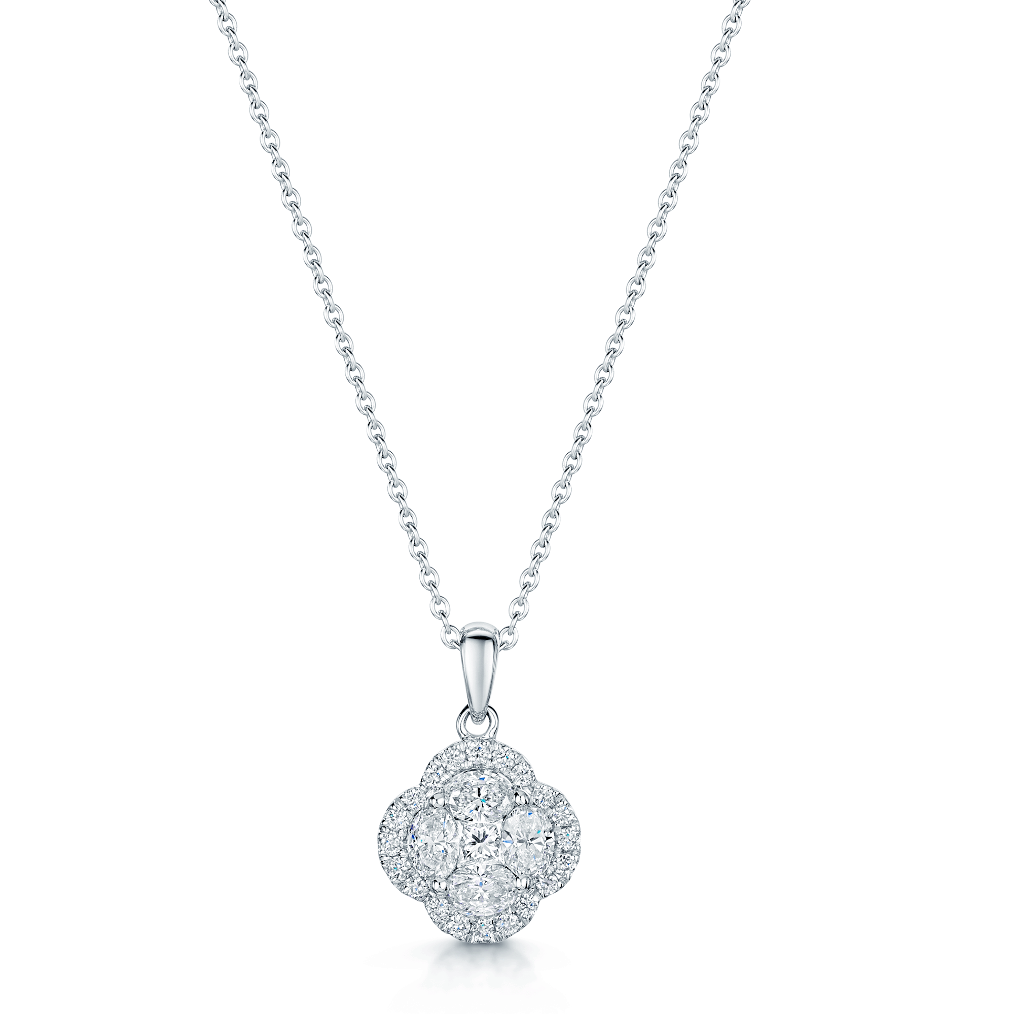 18ct White Gold Oval, Marquise And Round Cut Diamond Cluster Pendant