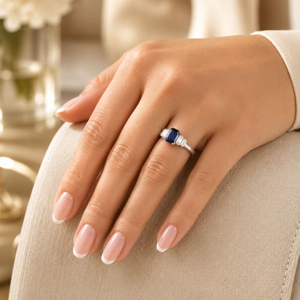Platinum Emerald Cut Sapphire And Diamond Five Stone Dress Ring