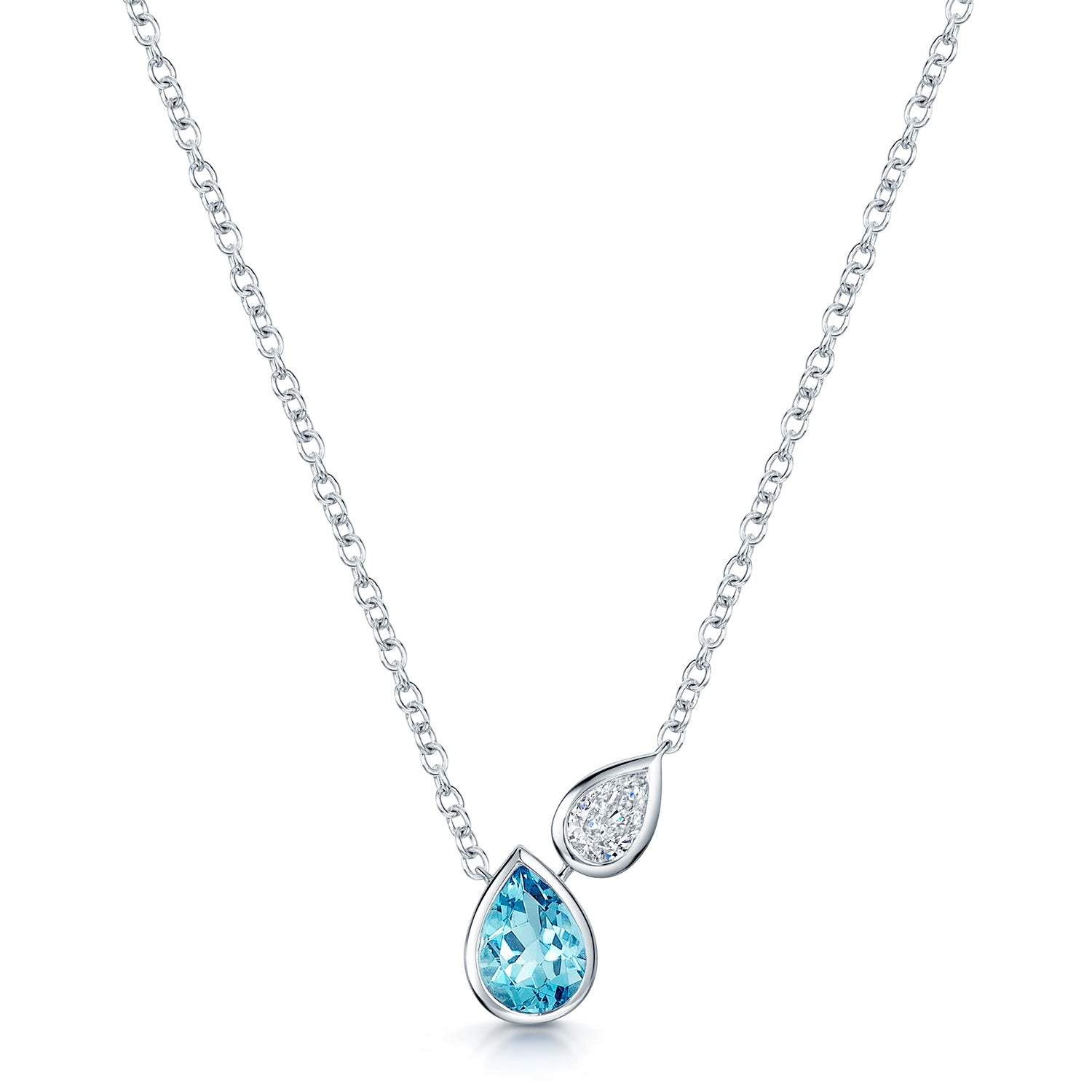 Berry's 18ct White Gold Toi et Moi Pear Cut Aquamarine and Diamond Rub Over Set Pendant - Berry's Jewellers
