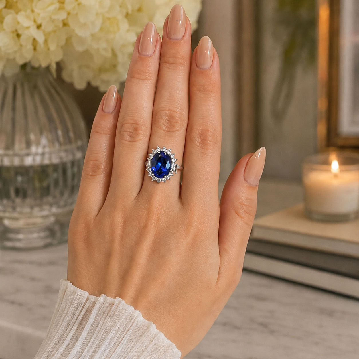 Platinum Oval Shaped Tanzanite and Diamond Cluster Ring