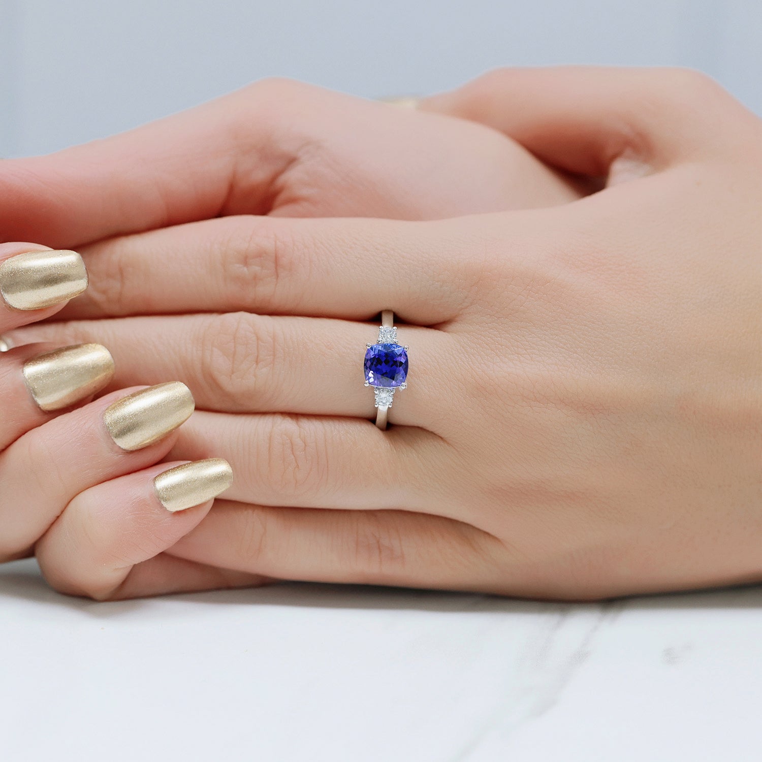 18ct White Gold Tanzanite & Diamond Three Stone Ring