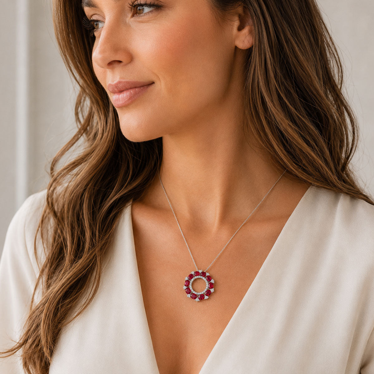 Berry's 18ct White Gold Ruby & Diamond Open Circle Pendant - Berry's Jewellers