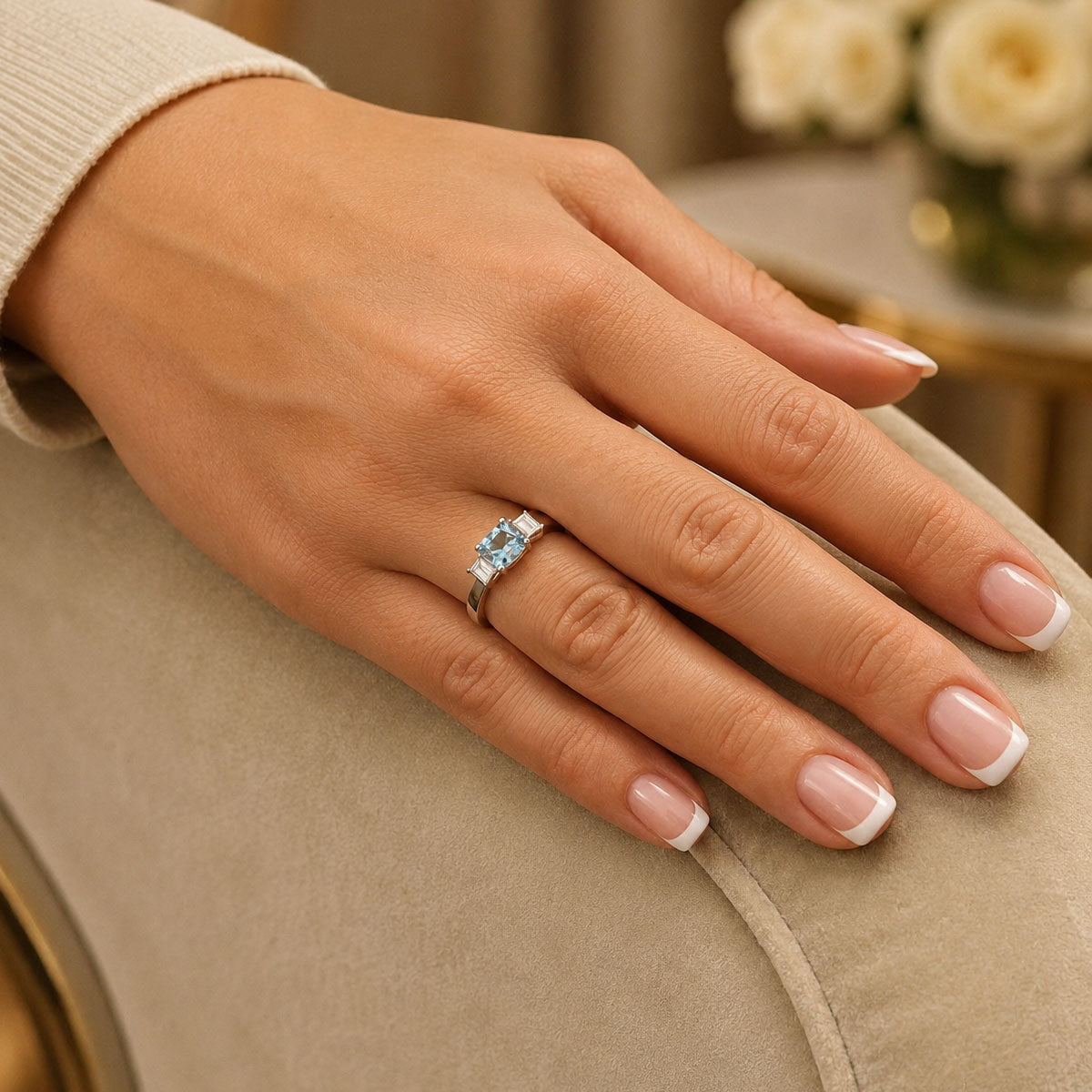 Platinum Aquamarine And Emerald Cut Diamond Three Stone Ring