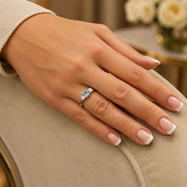 Platinum Aquamarine And Emerald Cut Diamond Three Stone Ring