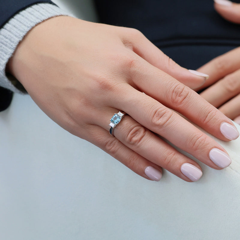 Berry's Platinum Aquamarine And Emerald Cut Diamond Three Stone Ring - Berry's Jewellers