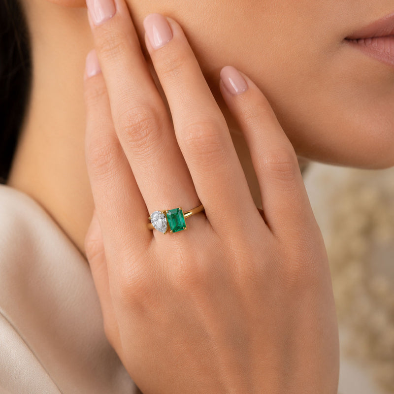 Berry's 18ct Yellow Gold Toi et Moi Emerald Cut Emerald and Pear Cut Diamond Dress Ring - Berry's Jewellers