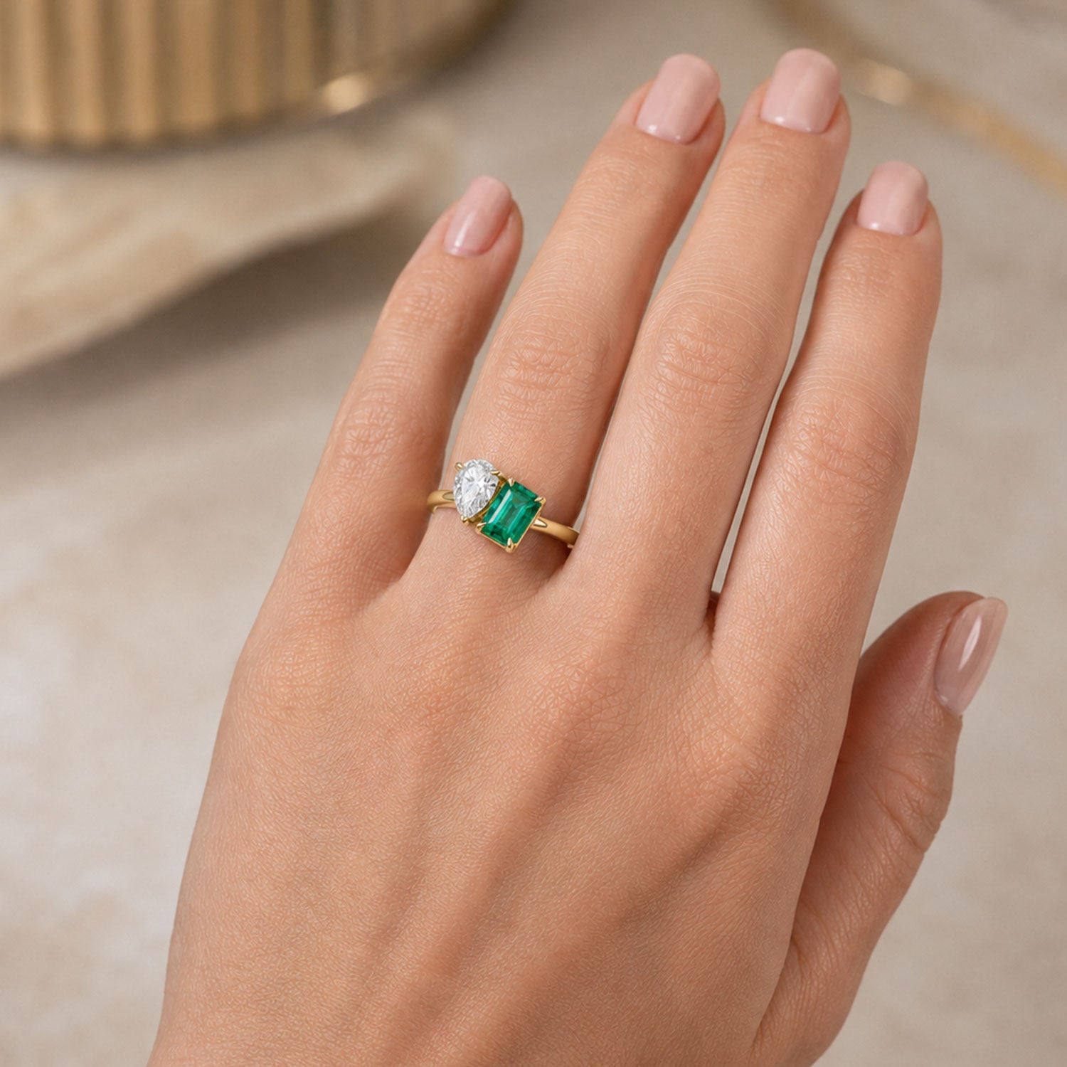 Berry's 18ct Yellow Gold Toi et Moi Emerald Cut Emerald and Pear Cut Diamond Dress Ring - Berry's Jewellers