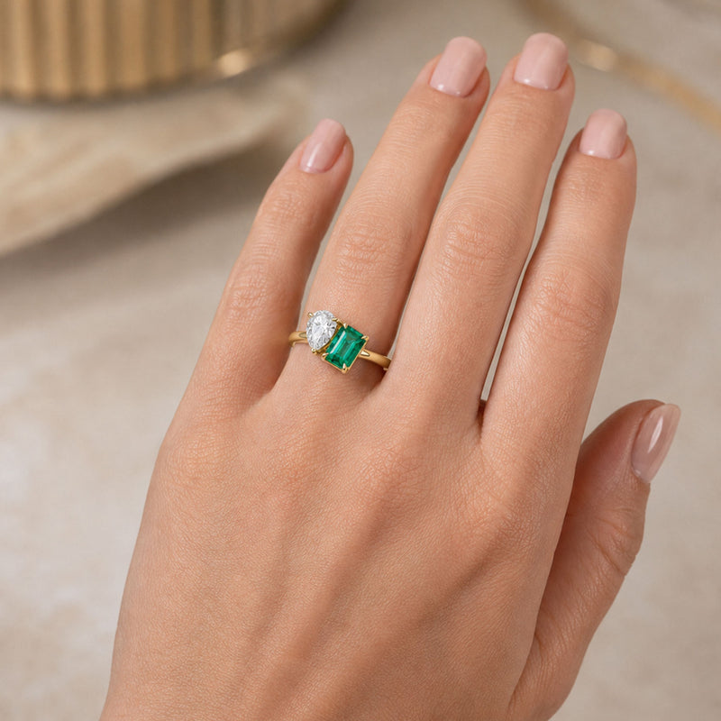 Berry's 18ct Yellow Gold Toi et Moi Emerald Cut Emerald and Pear Cut Diamond Dress Ring - Berry's Jewellers