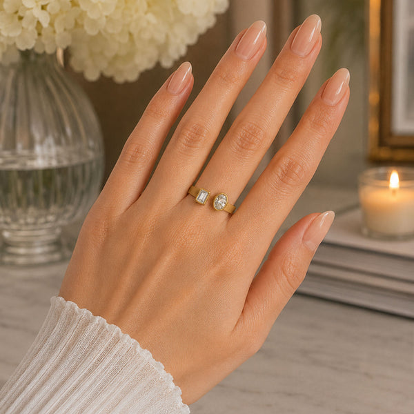Berry's 18ct Yellow Gold Toi et Moi Oval and Emerald Cut Diamond Rub Over Dress Ring - Berry's Jewellers