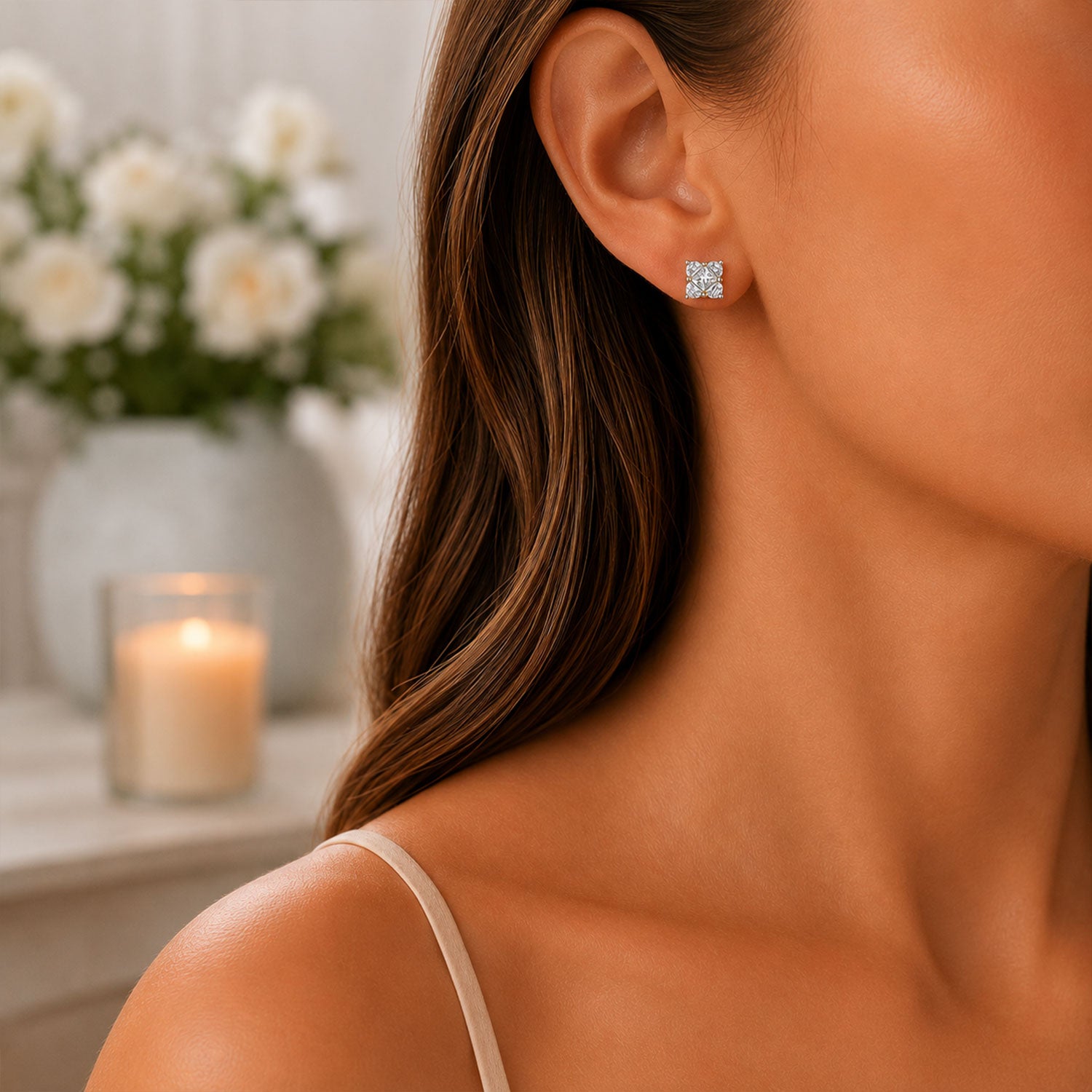 Berry's 18ct White Gold Princess Cut & Half Moon Diamond Stud Earrings - Berry's Jewellers