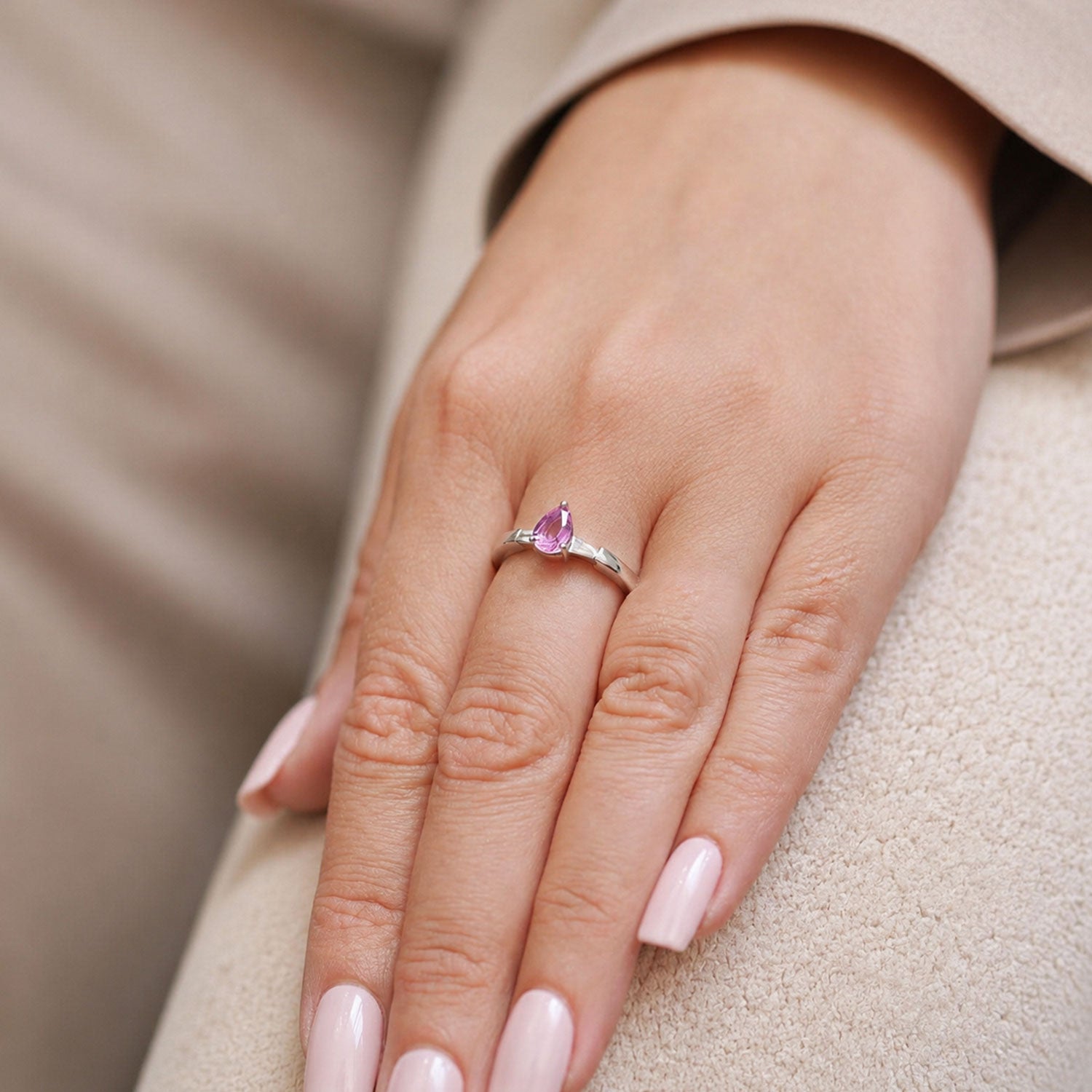 18ct White Gold Pear Cut Pink Sapphire And Diamond Three Stone Ring