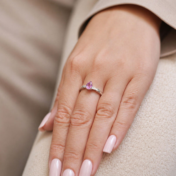 18ct White Gold Pear Cut Pink Sapphire And Diamond Three Stone Ring