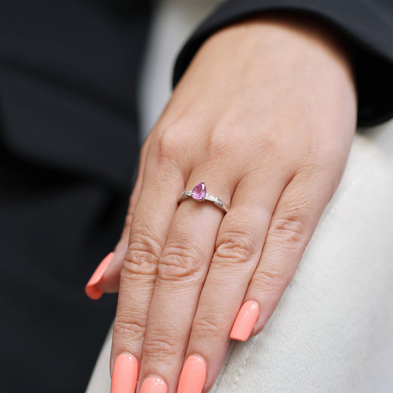 Berry's 18ct White Gold Pear Cut Pink Sapphire And Diamond Three Stone Ring - Berry's Jewellers