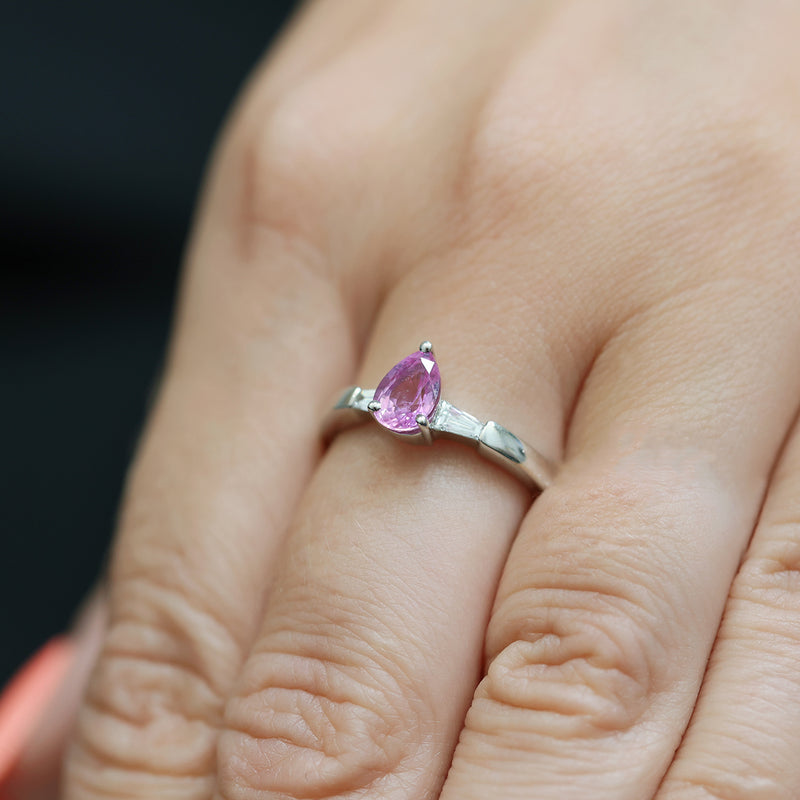 Berry's 18ct White Gold Pear Cut Pink Sapphire And Diamond Three Stone Ring - Berry's Jewellers