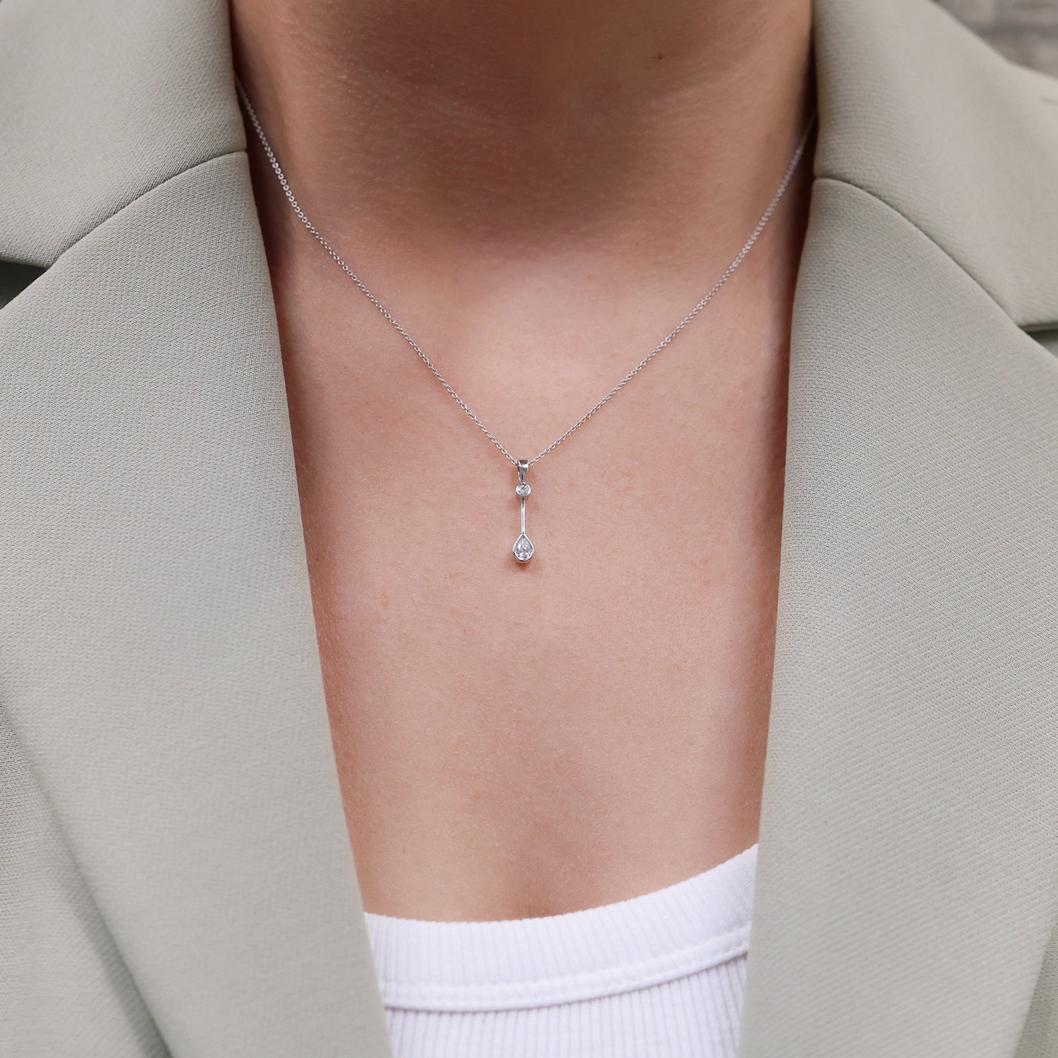 Berry's 18ct White Gold Rub Over Pear & Round Brilliant Diamond Drop Pendant - Berry's Jewellers