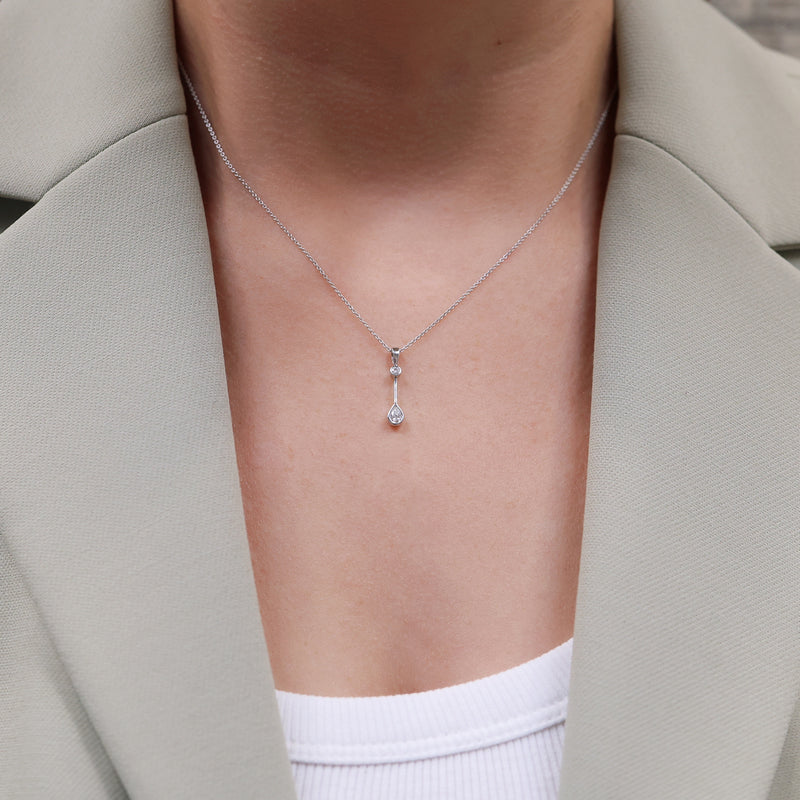Berry's 18ct White Gold Rub Over Pear & Round Brilliant Diamond Drop Pendant - Berry's Jewellers