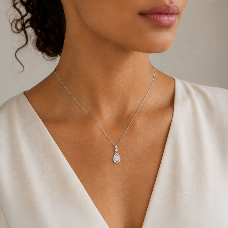 18ct White Gold Pear Cut Diamond Halo Drop Pendant