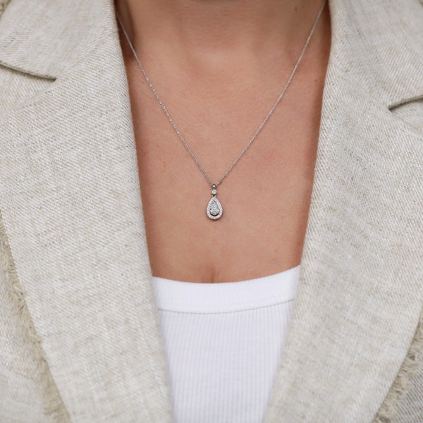 Berry's 18ct White Gold Pear Cut Diamond Halo Drop Pendant - Berry's Jewellers