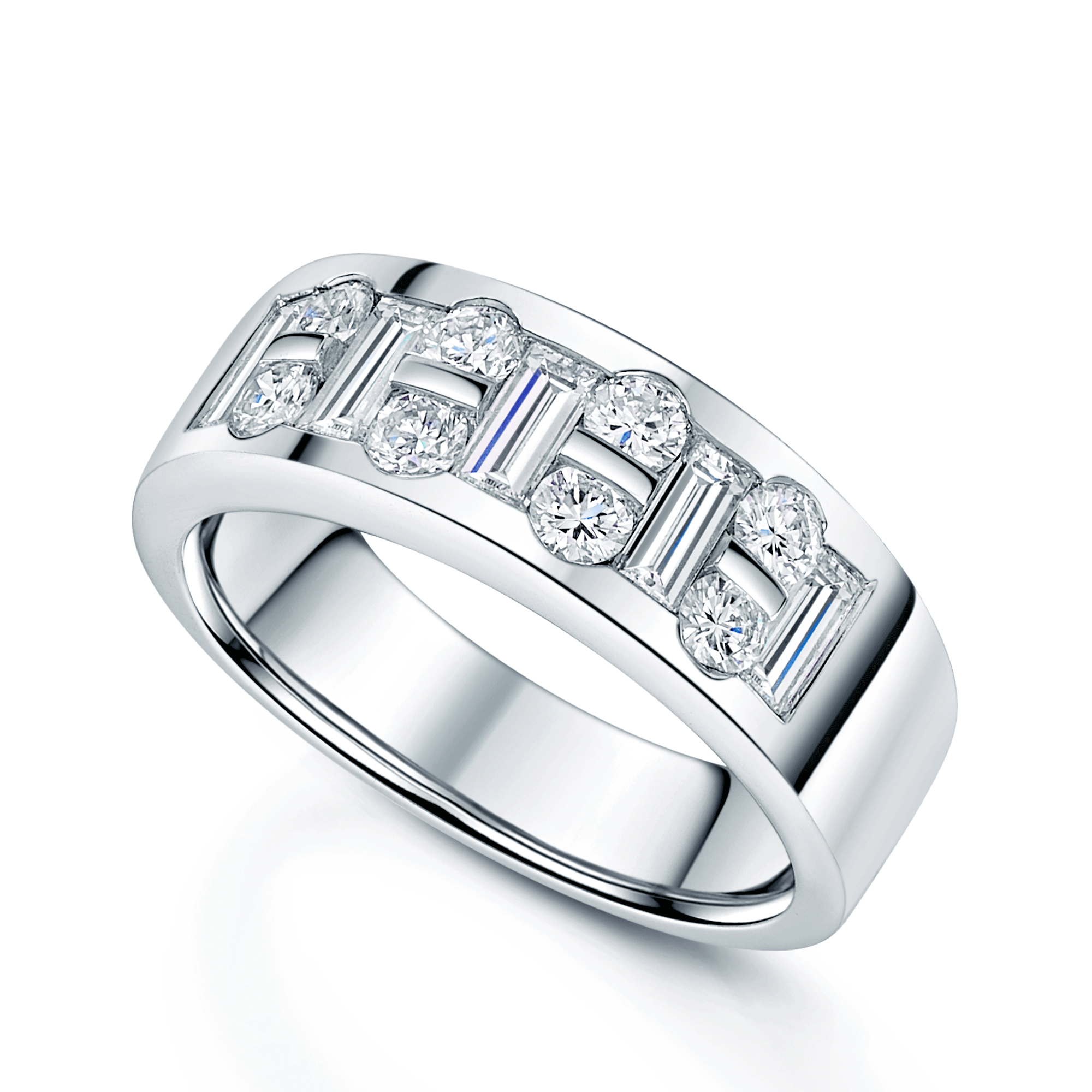 Platinum Baguette And Round Brilliant Cut Diamond Two Row Dress Ring