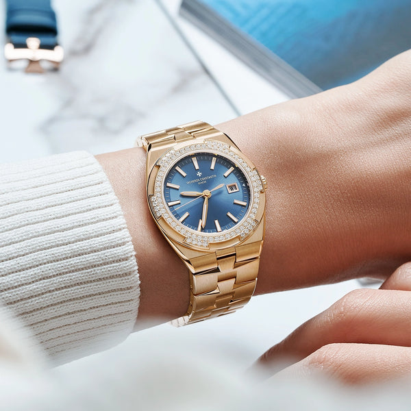 Vacheron Constantin Overseas Quartz 33mm 18ct Pink Gold Blue Dial Diamond Set Watch - Berry's Jewellers