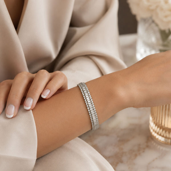Platinum Round Brilliant Cut And Baguette Cut Diamond Three Row Tennis Bracelet