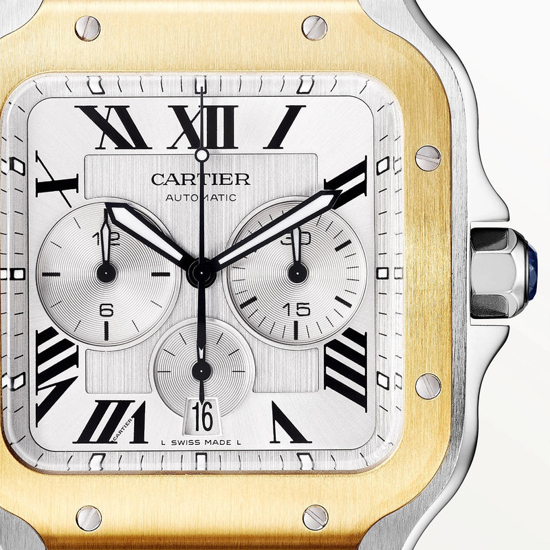 Cartier Santos de Cartier XL Chronograph Two-Tone Silver Dial Watch - Berry's Jewellers