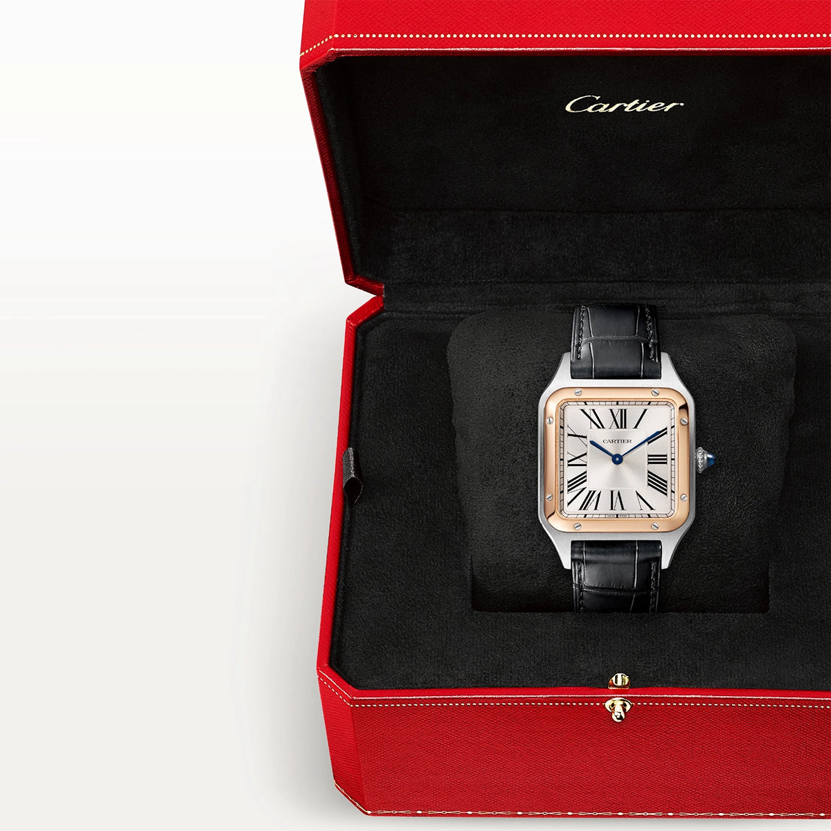 Cartier Santos-Dumont Large & 18ct Pink Gold Steel Leather Strap Watch - Berry's Jewellers