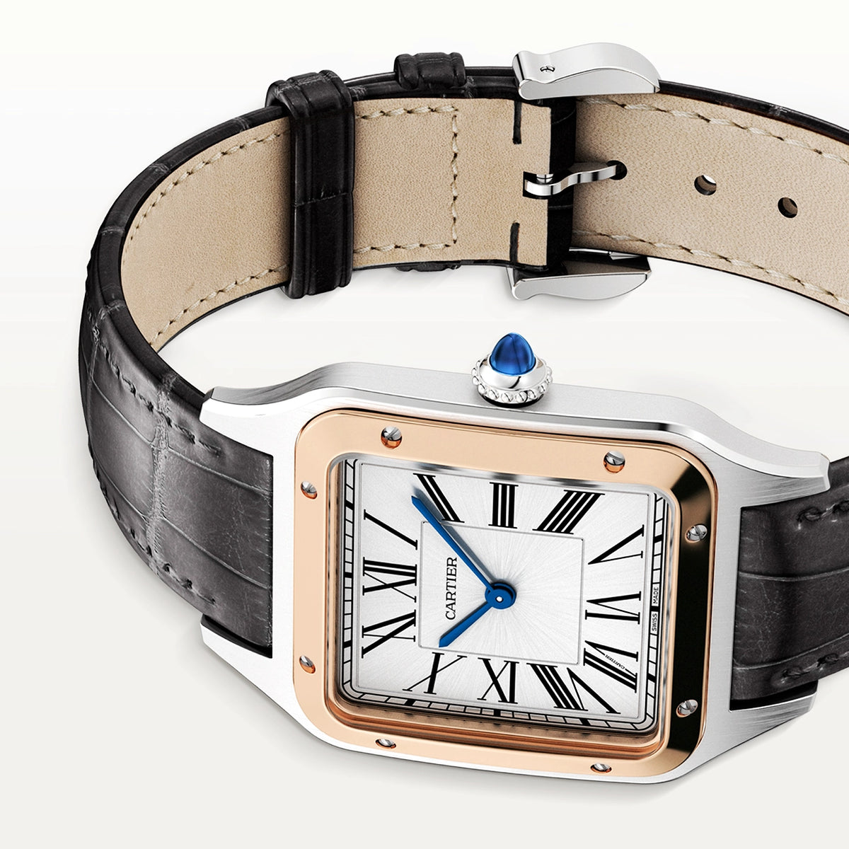 Cartier Santos-Dumont Large & 18ct Pink Gold Steel Leather Strap Watch - Berry's Jewellers