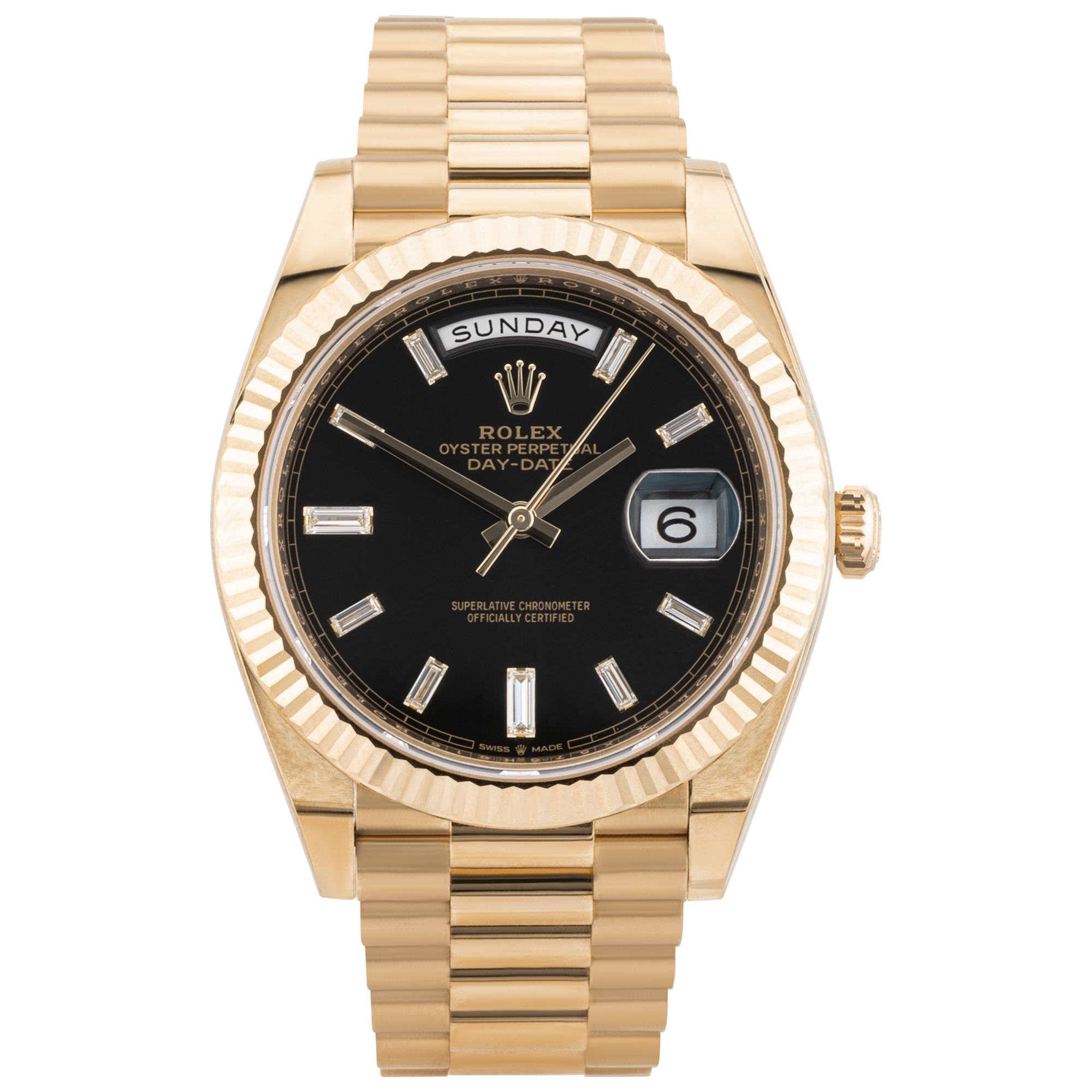 Rolex Day-Date 40mm 18ct Yellow Gold Black Baguette Diamond Dial Watch (2021)