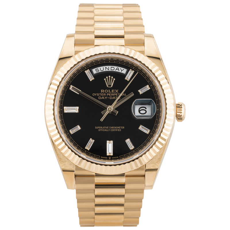 Rolex Day-Date 40mm 18ct Yellow Gold Black Baguette Diamond Dial Watch (2021)