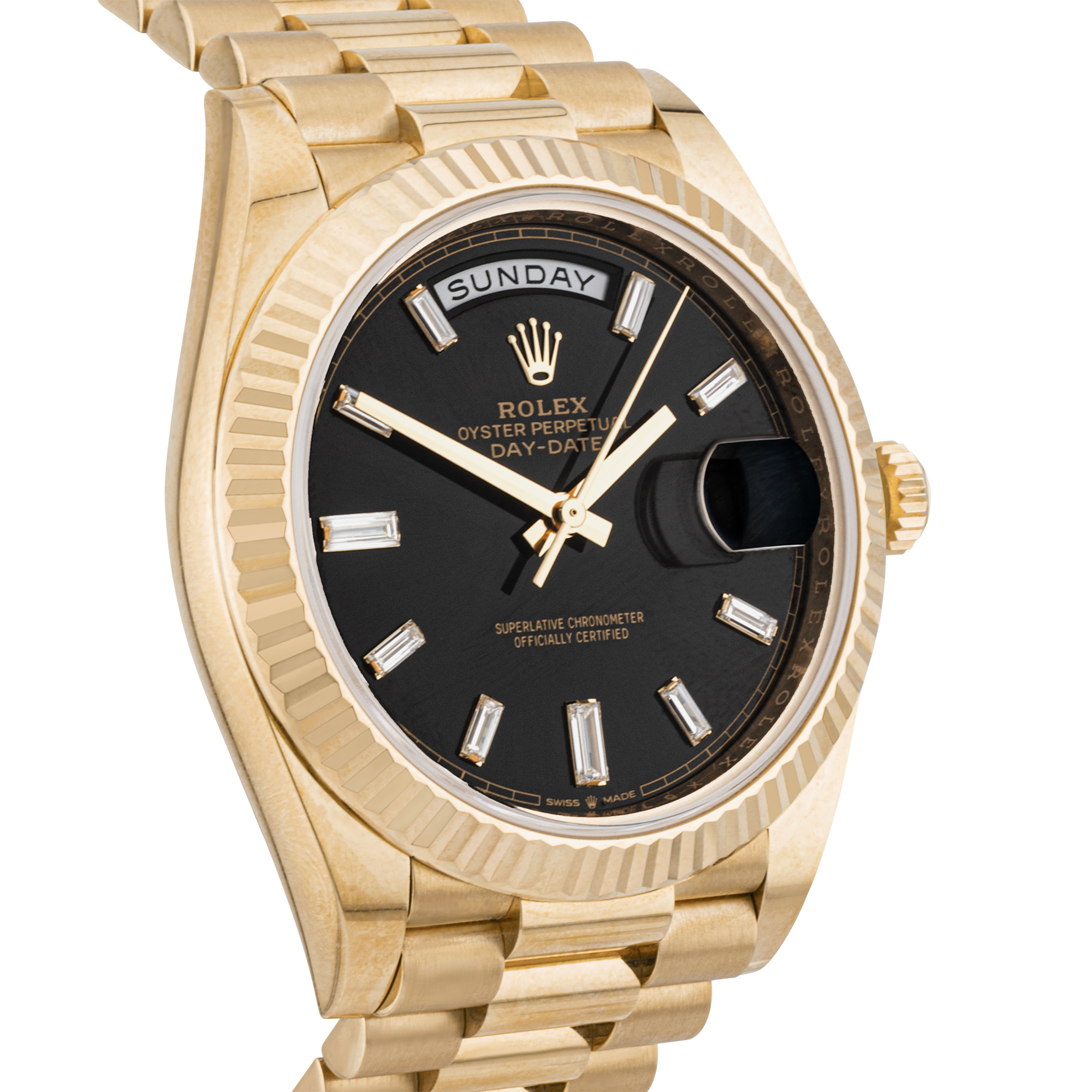 Rolex Day-Date 40mm 18ct Yellow Gold Black Baguette Diamond Dial Watch (2021)