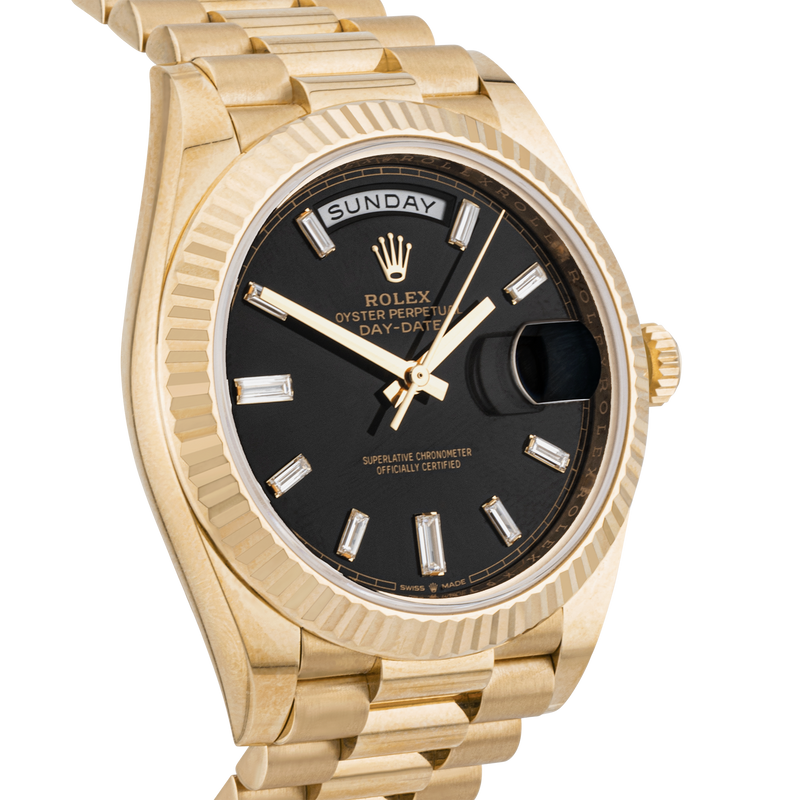 Rolex Day-Date 40mm 18ct Yellow Gold Black Baguette Diamond Dial Watch (2021)