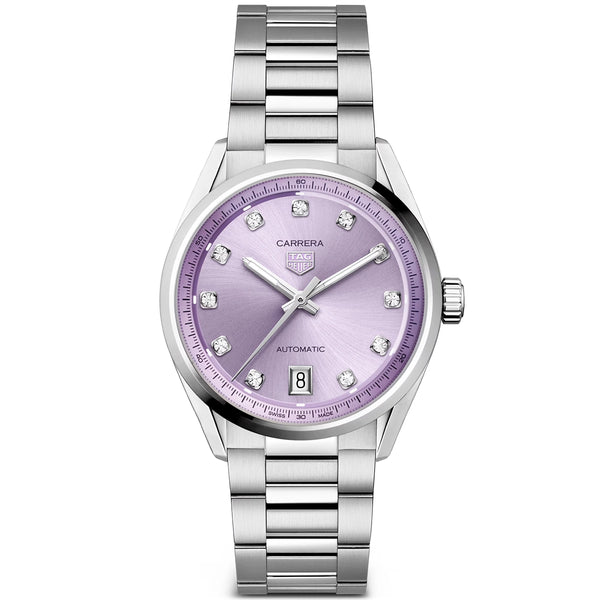 TAG Heuer Carrera Date 36mm Lavender Purple Diamond Dial Ladies Watch - Berry's Jewellers
