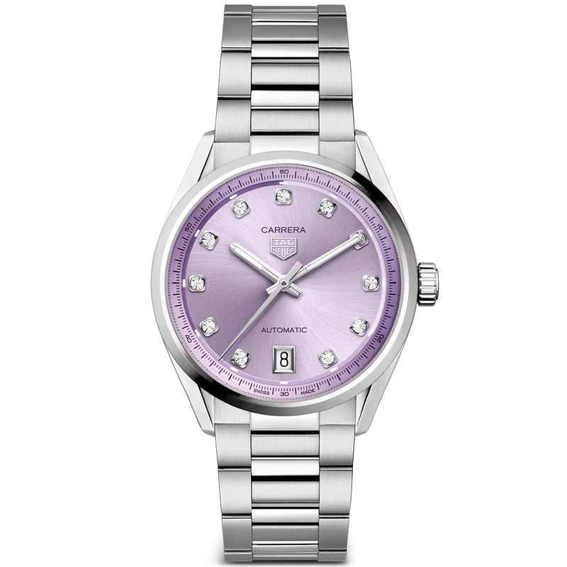 TAG Heuer Carrera Date 36mm Lavender Purple Diamond Dial Ladies Watch - Berry's Jewellers