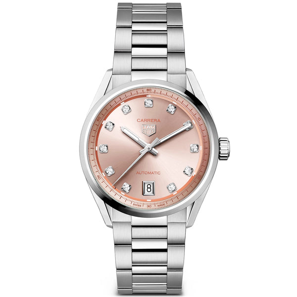 TAG Heuer Carrera Date 36mm Salmon Pink Diamond Dial Ladies Bracelet Watch - Berry's Jewellers