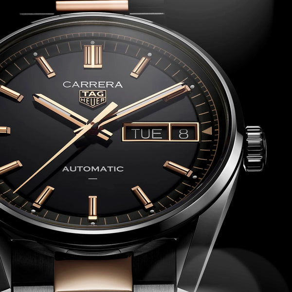 TAG Heuer Carrera Day-Date 41mm Two-Tone Black Dial Automatic Bracelet Watch - Berry's Jewellers