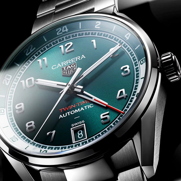 TAG Heuer Carrera Date Twin-Time 41mm Teal Green Dial Bracelet Watch - Berry's Jewellers