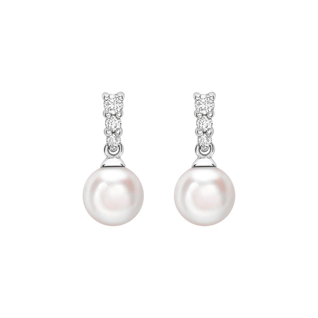 18ct White Gold AA+ Akoya Pearl and Graduated Diamond Drop Earrings