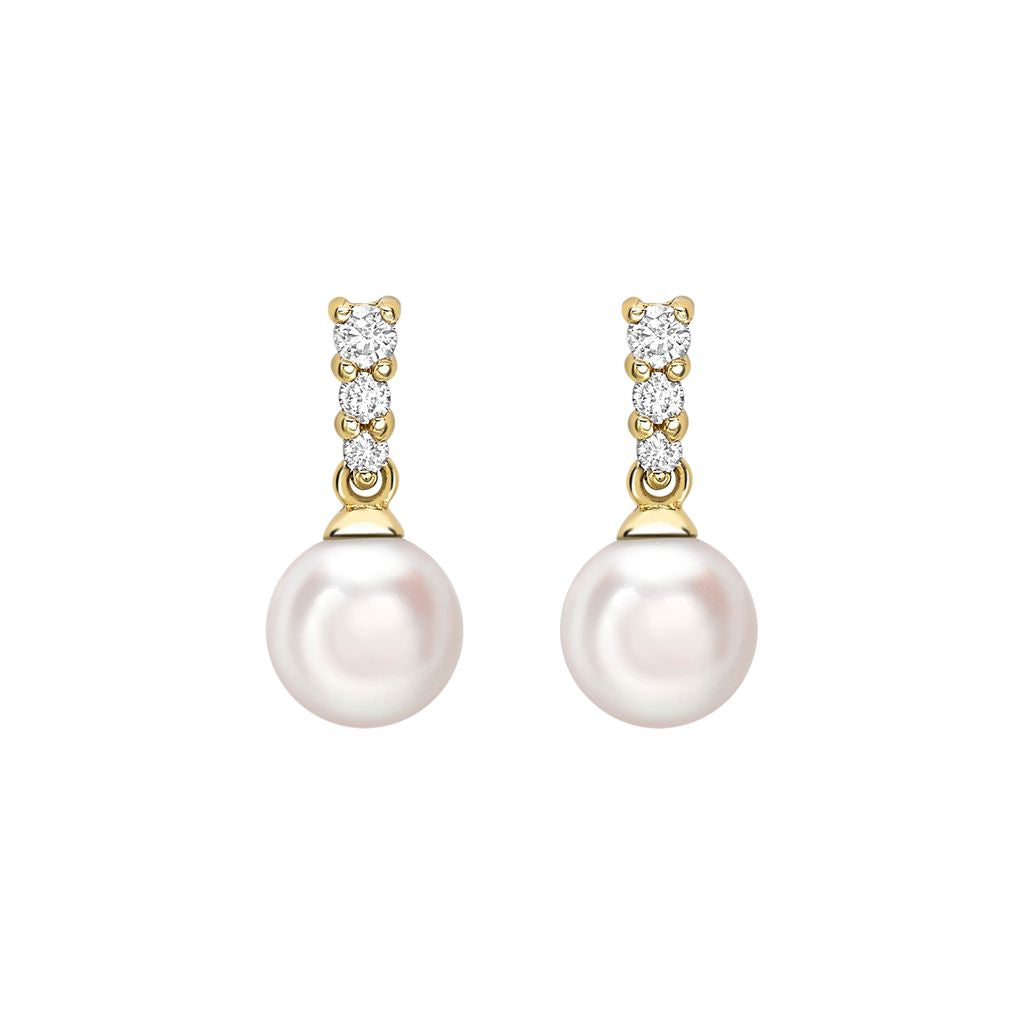 18ct Yellow Gold AA+ Akoya Pearl and Graduated Diamond Drop Earrings