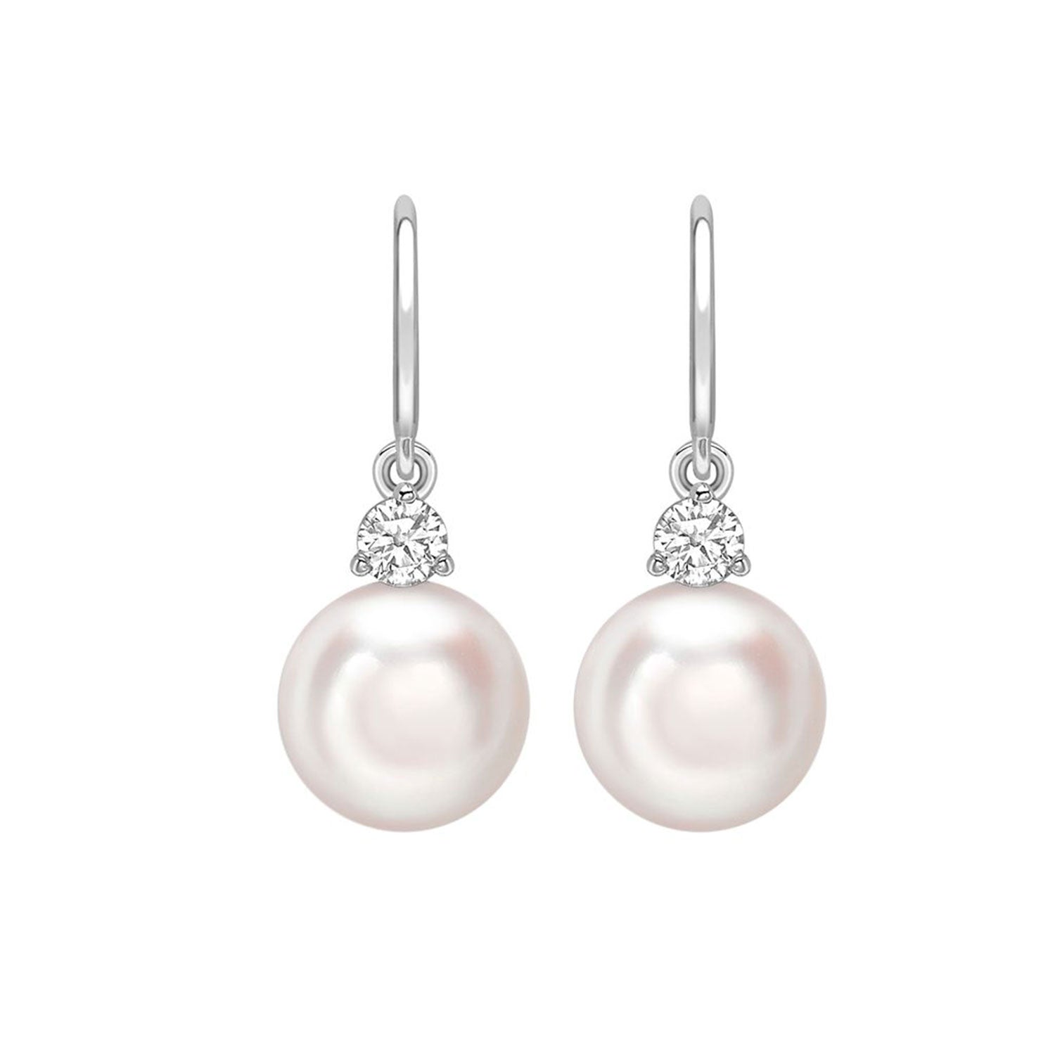 18ct White Gold AAA Akoya Cultured Pearl and Round Brilliant Diamond Drop Earrings