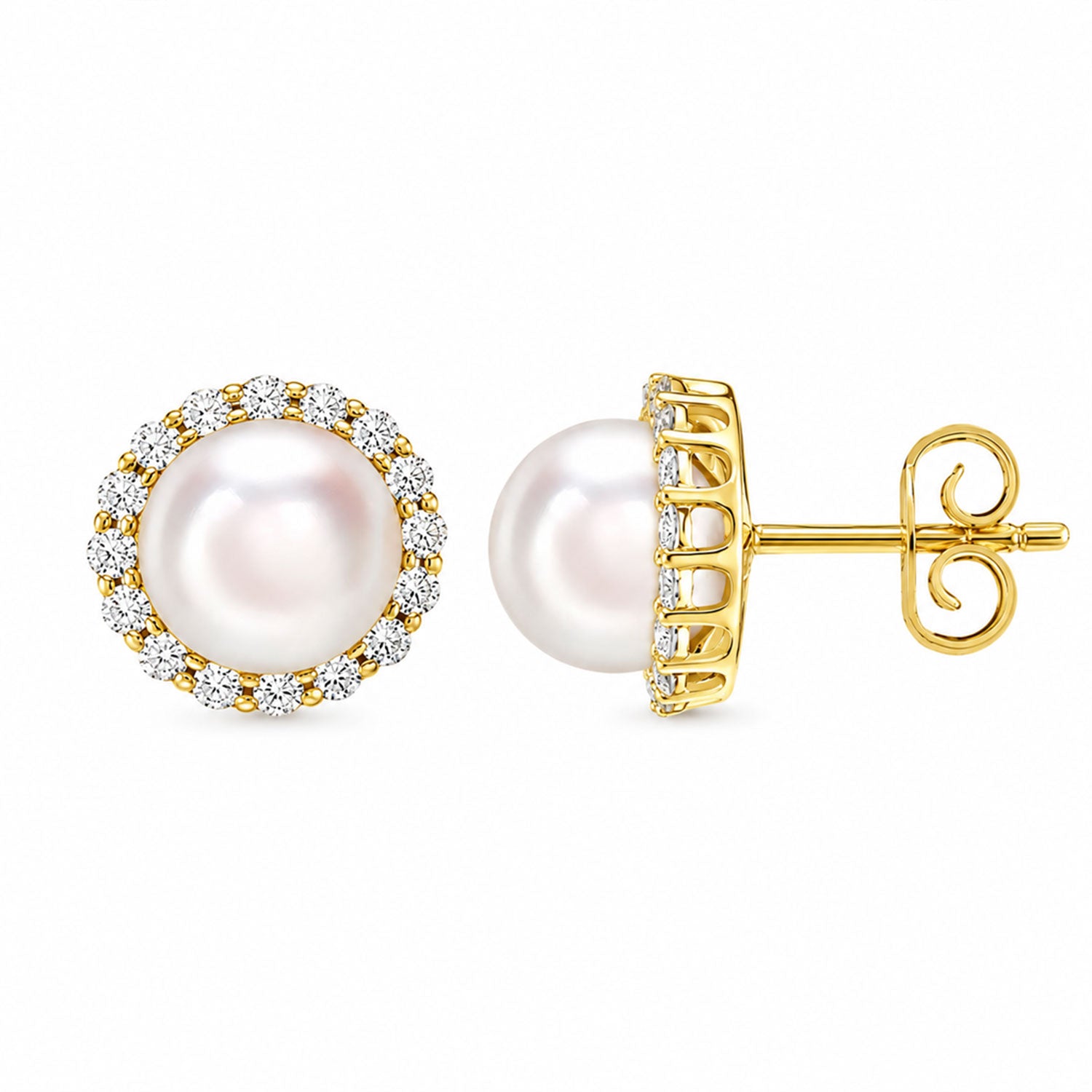 18ct Yellow Gold AAA Akoya Pearl and Diamond Cluster Stud Earrings