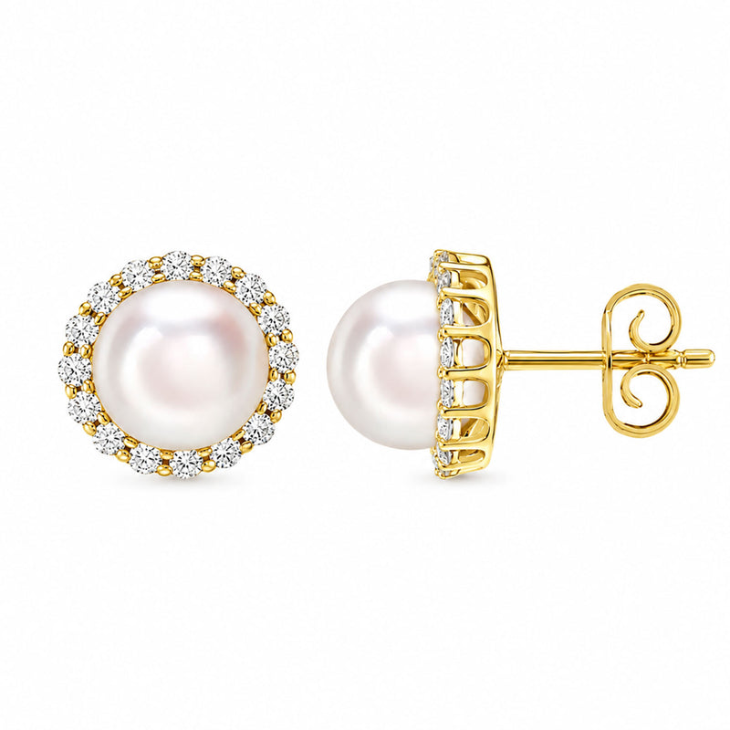 18ct Yellow Gold AAA Akoya Pearl and Diamond Cluster Stud Earrings