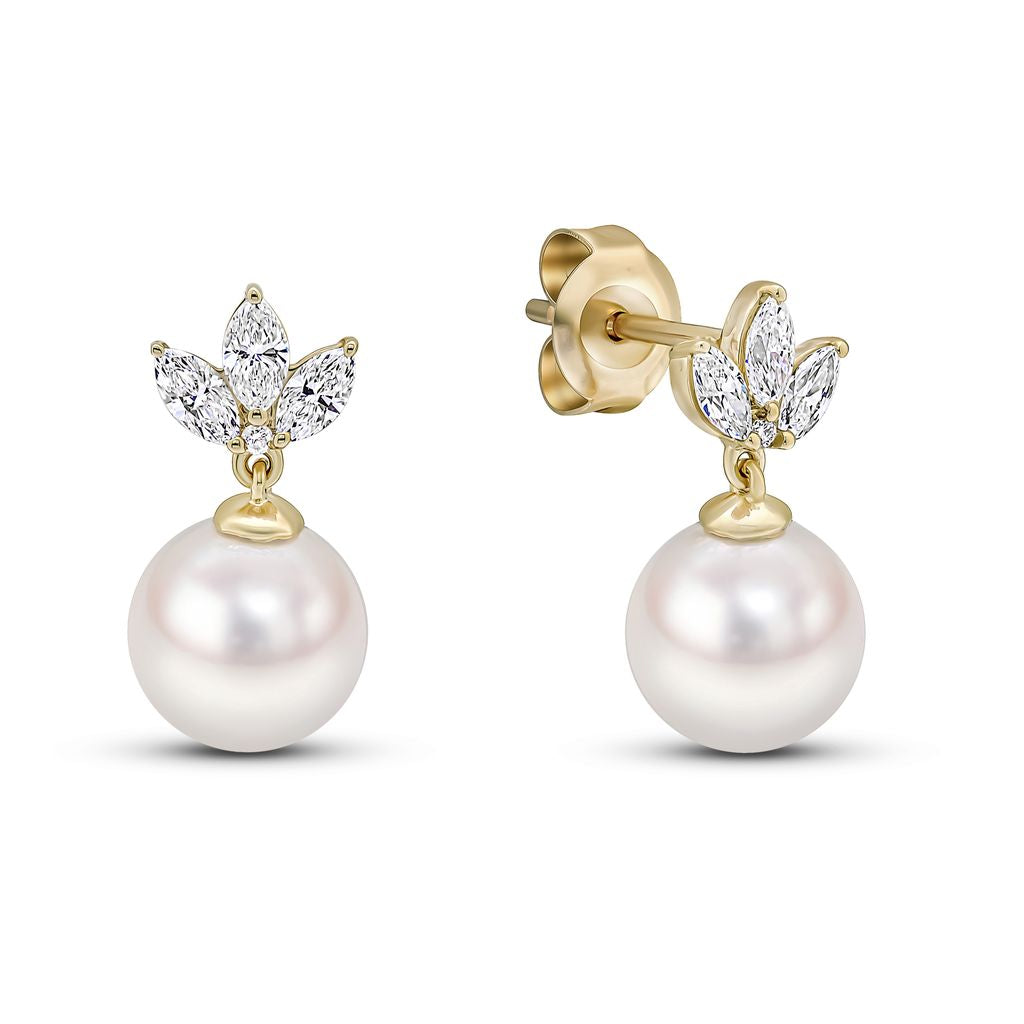 18ct Yellow Gold AAA Akoya Pearl Earrings with Three Claw Set Marquise Diamonds