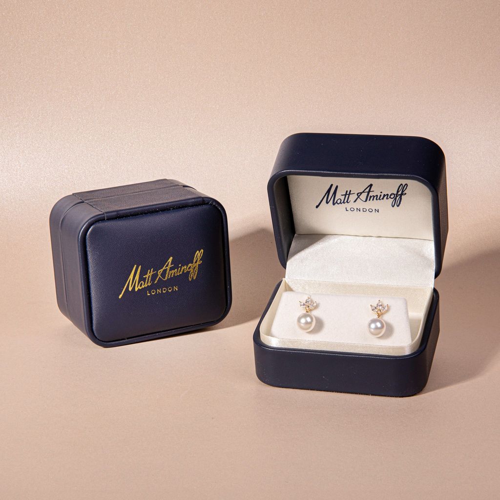 18ct Yellow Gold AAA Akoya Pearl Earrings with Three Claw Set Marquise Diamonds